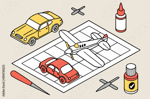 Model car and airplane kit components for assembly