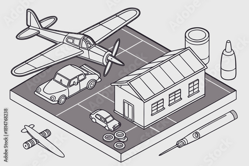 Isometric view of the assembled toy model kit of the house, car and airplane
