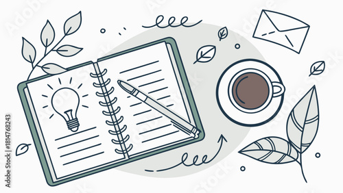 Notebook with a pen, a cup of coffee and a lightbulb idea illustration