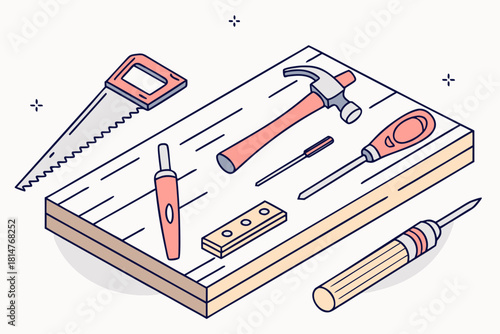 Woodworking tools arranged on wooden board, isometric view