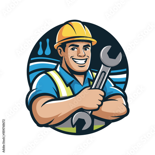 Smiling Plumber Mascot Holding Wrench. Cartoon Repairman or Handyman in Hard Hat and Safety Vest