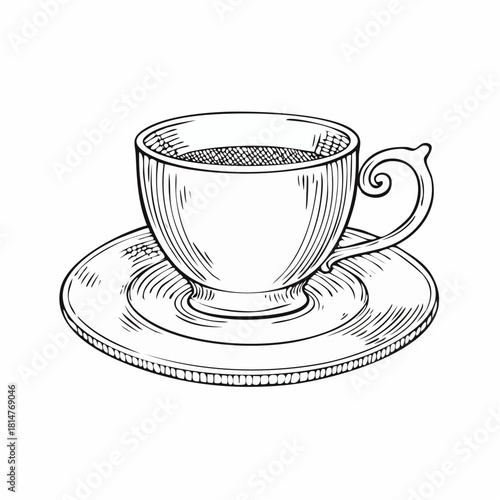 Hand-drawn vintage cup on a plate in engraved ink sketch style, ideal for café branding, restaurant menu design, retro kitchen art, and antique culinary illustration themes.