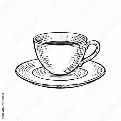 Hand-drawn vintage cup on a plate in engraved ink sketch style, ideal for café branding, restaurant menu design, retro kitchen art, and antique culinary illustration themes.
