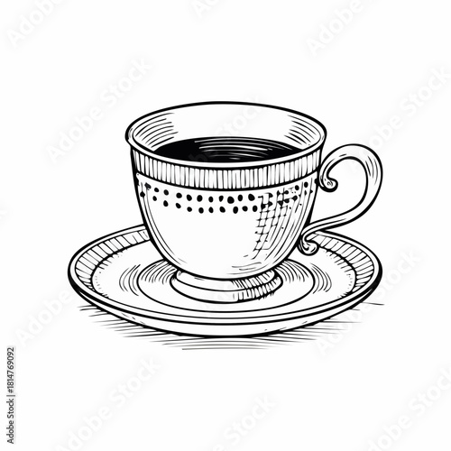 Hand-drawn vintage cup on a plate in engraved ink sketch style, ideal for café branding, restaurant menu design, retro kitchen art, and antique culinary illustration themes.