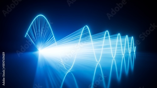 Pulsing blue laser sine waves cross, forming a scientific-inspired, illuminated installation with depth. 3D render illustration.