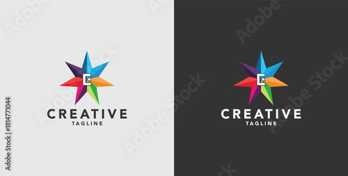Digital colorful abstract icons, elements and symbols with initial E logo, template