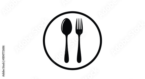 Simple black and white illustration of a spoon fork and circular frame