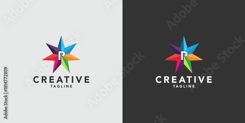 Digital colorful abstract icons, elements and symbols with initial P logo, template