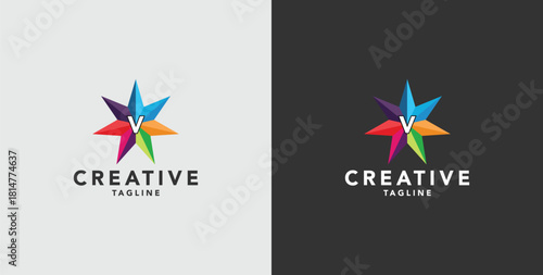 Digital colorful abstract icons, elements and symbols with initial V logo, template