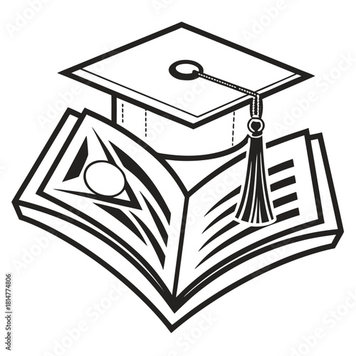 Outline illustration of a graduation cap and book. School achievement concept.