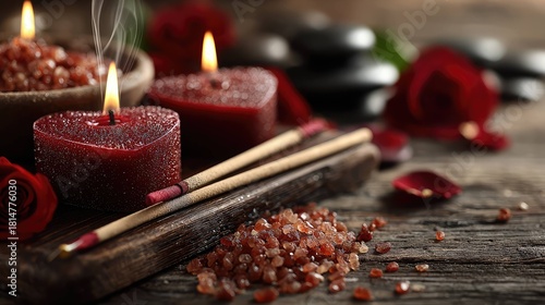 Lit candles and incense surrounded by rose petals