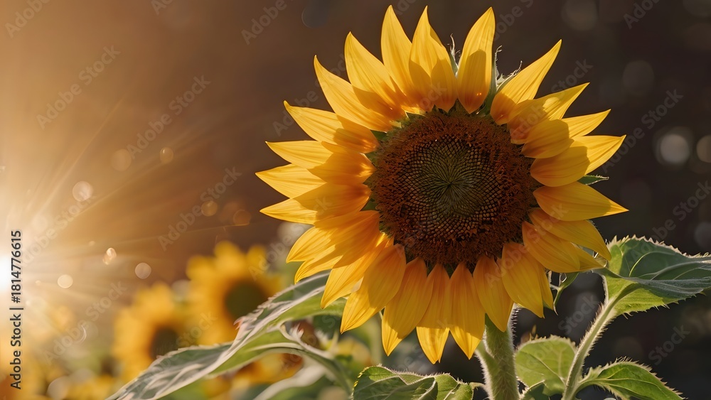 Naklejka premium Sunlit Sunflower Bloom Backlit by Golden Hour Light with Warm Radiant Glow