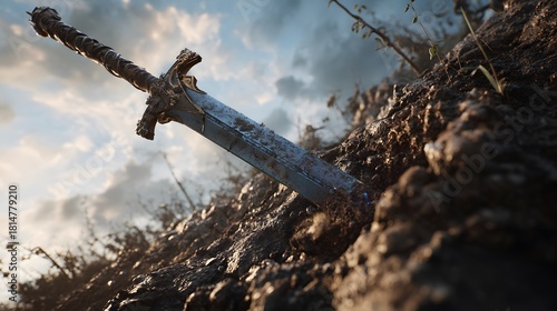 An ancient, weathered sword firmly embedded in muddy ground under a dramatic sky, evoking forgotten legends