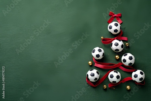 Creative holiday decoration featuring soccer balls arranged as Christmas tree with red ribbons and golden ornaments
