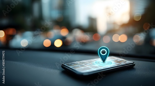 Smartphone with a location pin icon on its screen, placed on a car dashboard with blurred city lights in the background