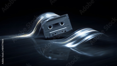 Retro audio cassette tape with glowing digital light stream representing data flow and technology on a dark background