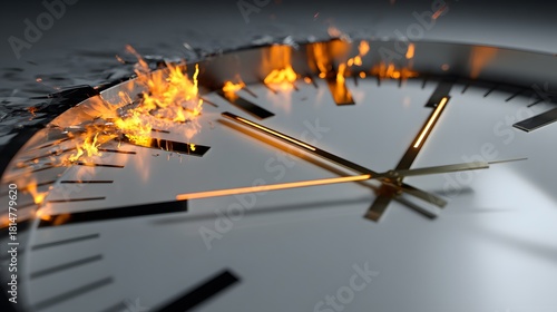 A closeup view of a clock face with intense flames burning on its side, symbolizing urgency and the passage of time