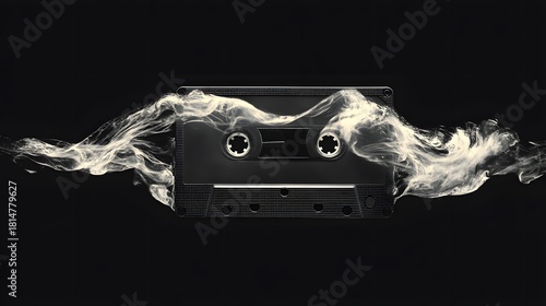 Retro cassette tape with dynamic white smoke effect against a dark background, symbolizing sound and memory