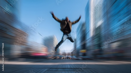 Energetic man jumping high in a vibrant city street with a motion blur effect