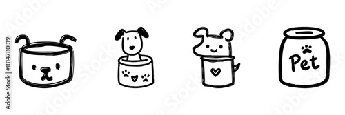 Pet Food And Dog Bowl Line Icon Set In Doodle Style. Canine Nutrition And Feeding Outline Sketch Collection. Cute And Playful Pet Care Illustrations. Hand Drawn Isolated Vector Illustration