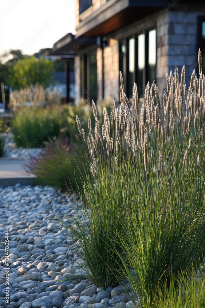Fototapeta premium Beautiful landscaping features tall grasses and smooth stones during golden hour at a modern building in a serene outdoor setting