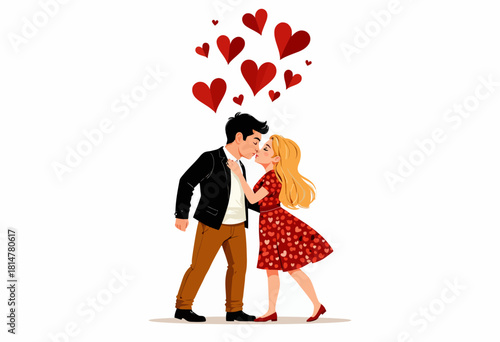 Romantic Illustration of a Couple Sharing a Tender Kiss with Floating Red Hearts in the Background Expressing Love and Affection on a White Background