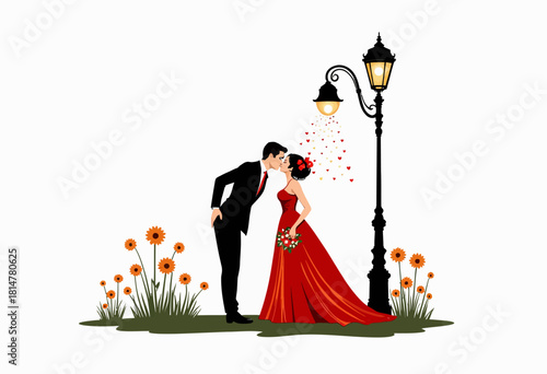 Romantic Couple Kissing under a Lamp Post Surrounded by Flowers, Featuring Elegant Attire and Heart Accents in a Stylishly Simple Graphic Design