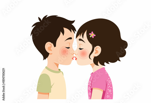 Illustration of Young Children Sharing a Cute Innocent Kiss with Blushing Cheeks and Eyes Closed in Gentle Affection Against a White Background