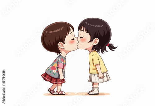 Adorable Cartoon Illustration of Two Children Sharing a Sweet Kiss in a Heartwarming Scene of Friendship and Innocence Against a Simple White Background