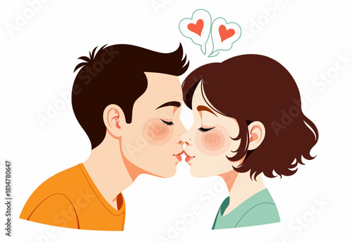 Illustration of a Romantic Couple Sharing a Tender Kiss with Heart Symbols Overhead Expressing Love and Affection in a Minimalist Style