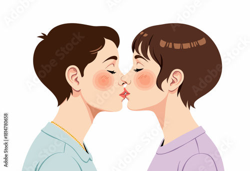 Illustration of Two Individuals Kissing with Tender Expressions Capturing the Essence of Affection and Connection in a Minimalistic Style