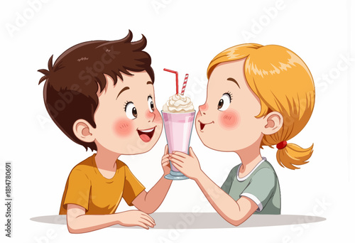 Charming illustration of two young children delightfully sharing a milkshake, highlighting innocence and friendship.