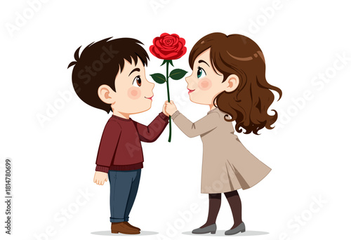 Illustration of a boy giving a rose to a girl, symbolizing love and affection in a romantic gesture, with a backdrop of simple elegance and gentle expressions
