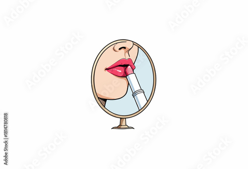 Illustration of a person applying lipstick, focusing on a reflection in an oval mirror, highlighting the vibrant color against a minimalistic white background.