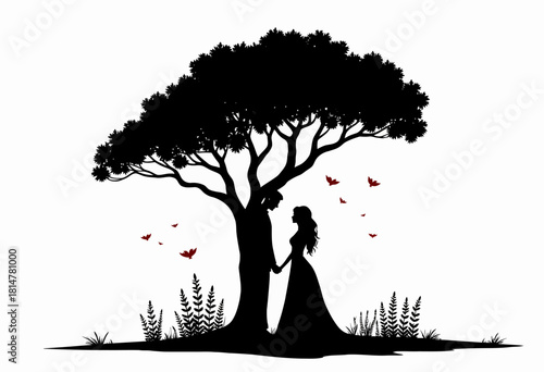 Silhouetted Lovers Holding Hands Under a Tree at Dusk with Butterflies Flying Amidst Nature's Serene Backdrop Creating a Romantic and Magical Scene