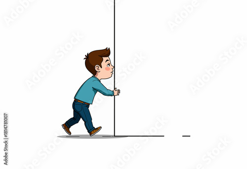Cartoon Boy Pushes Against Invisible Wall in a Minimalist White Space Concept Emphasizing Determination and Strength