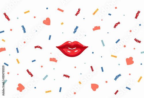 Illustration of Red Lips with Whimsical Hearts and Random Confetti on White Background