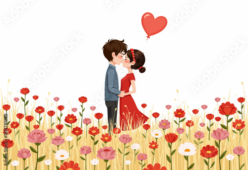 Romantic Couple Sharing a Kiss Surrounded by Vibrant Blooming Flowers with Heart-Shaped Balloon Symbolizing Love and Affection in a Dreamy Field Setting