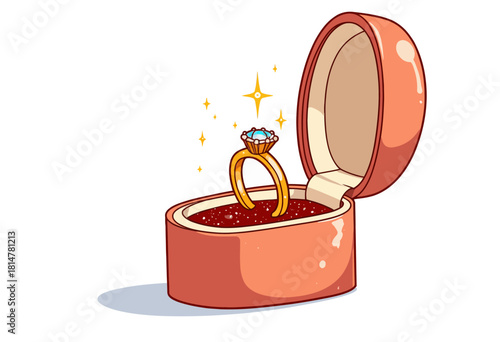 Illustration of an elegant engagement ring with a sparkling diamond, set in an opened red velvet ring box radiating a sense of love and commitment