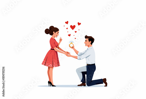 Man Proposing to Woman with Engagement Ring Amidst Floating Red Hearts on a White Background Illustrating Romantic Marriage Proposal Moment