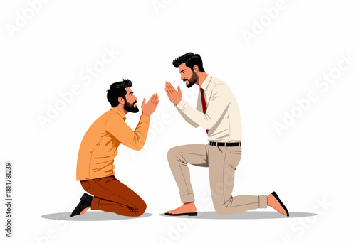 Two Men Kneeling and Facing Each Other in Mutual Gesture on White Background with Formal Attire Signifying Dialogue, Respect, and Communication