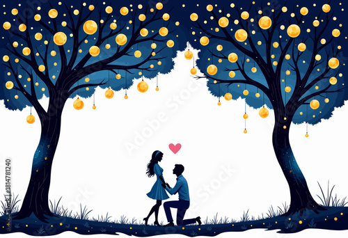 Romantic Proposal Under Sparkling Enchanted Trees Illuminated by Golden Lights at Night in a Whimsical Landscape of Love and Mystery
