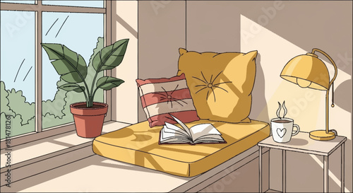 Cozy Reading Nook Illustration Sunny Window Seat with Open Book, Plush Pillows, Potted Plant, and Steaming Mug for Ultimate Relaxation