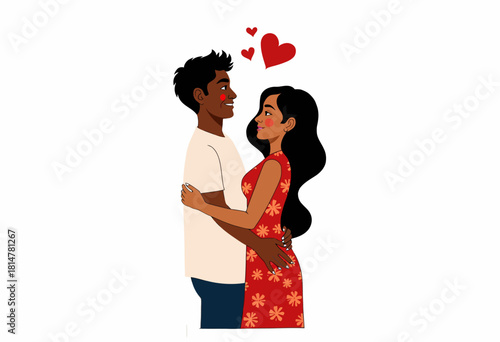 Illustration of a Happy Couple Embracing with Hearts Symbolizing Love and Connection Between Two People in a Romantic Relationship