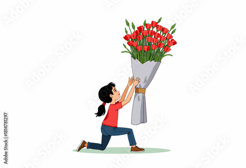 Young girl kneeling in admiration before an oversized bouquet of vibrant red tulips wrapped in a delicate, grey paper, symbolizing joy and wonder