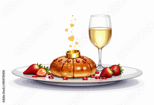 Elegant Dessert Display with Golden Ring Cake and Fresh Strawberries Accompanied by a Glass of White Wine on a Sophisticated White Platter