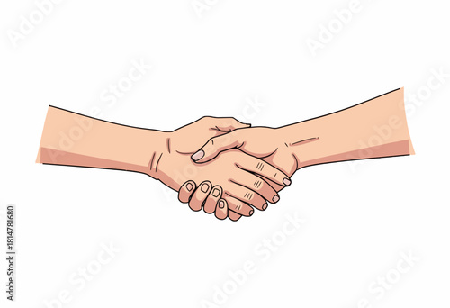 Illustration of a firm handshake between two individuals symbolizing agreement, partnership, cooperation, and mutual understanding on a white background.