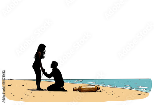 Silhouetted Proposal on Serene Beach with Golden Message Bottle on the Shoreline Under Clear Sky