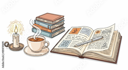 Cozy Reading Corner A Stack of Books, Coffee, and a Burning Candle