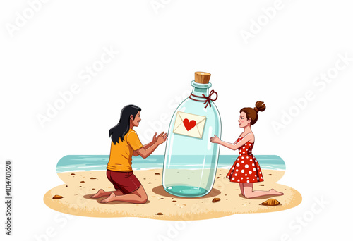Illustration of Two People Discovering a Heartfelt Message in a Bottle Together on a Serene Beach